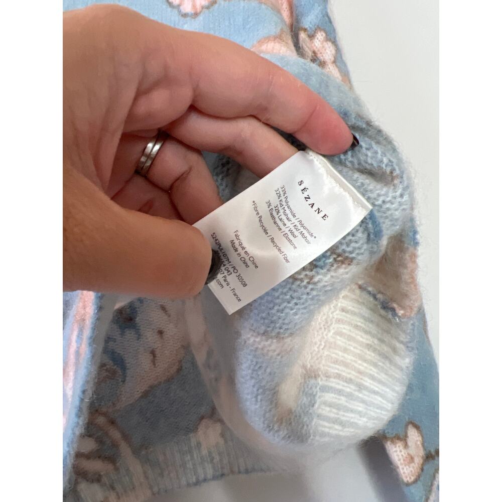 NEW Sezane Round Neckline Long Sleeved Floral Print Sweater Light Blue Size: XS - Picture 5 of 7